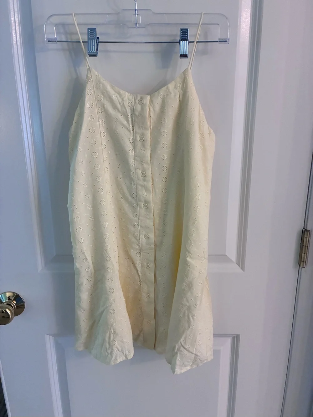 Forever 21 Light Yellow Eyelet Button-Front Spaghetti Strap Dress